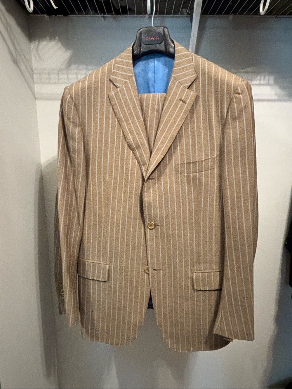 Isaia Tan Blazer with light blue Pinstripes
